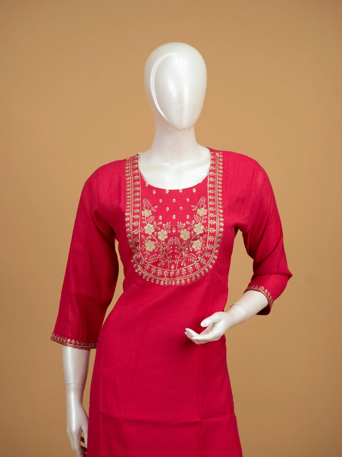 Rani Pink zari embroidered straight cut kurti set with pants and woven dupatta