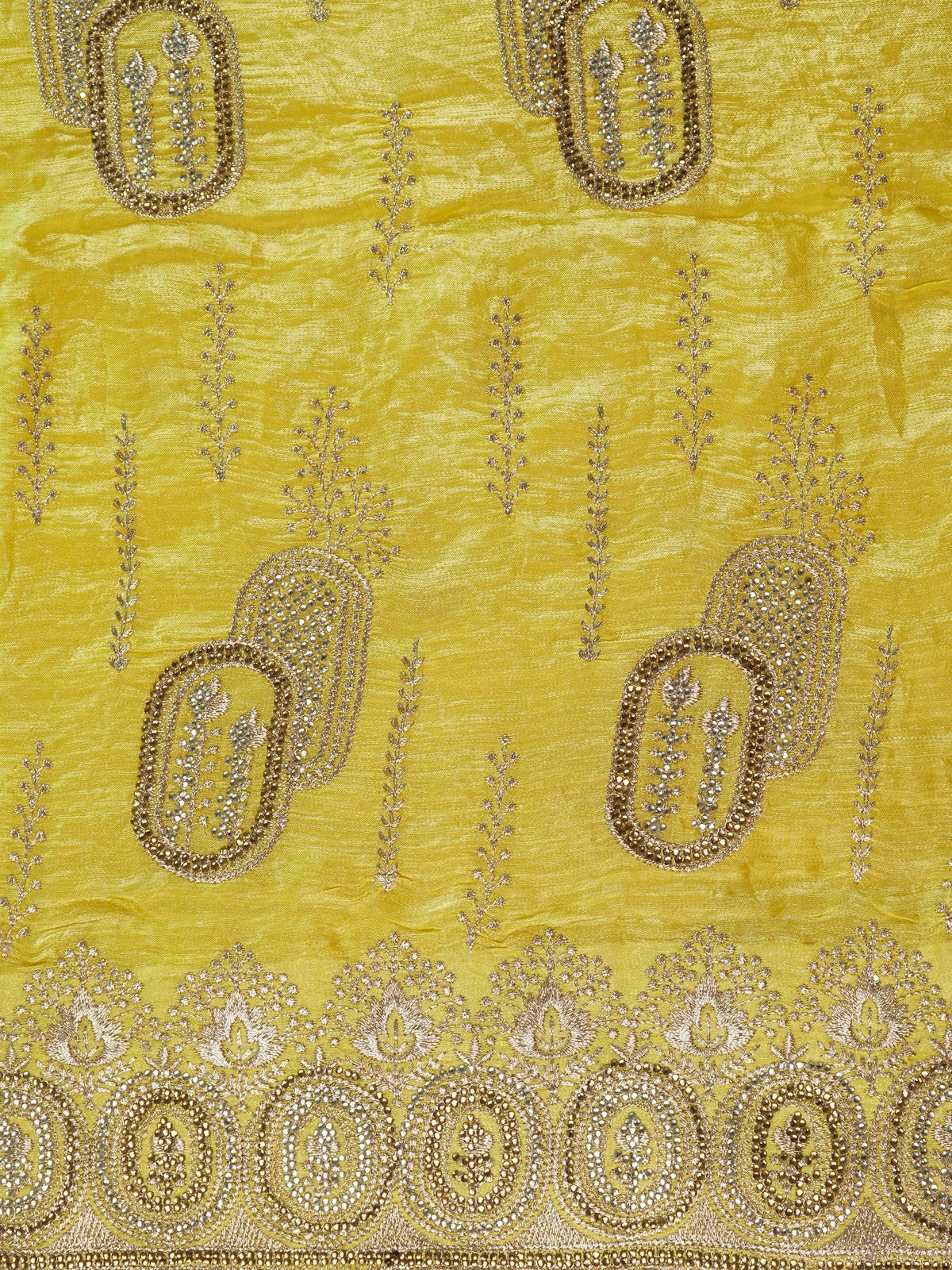 Yellow designer saree with gold zari and stone paisley motifs and embellished border