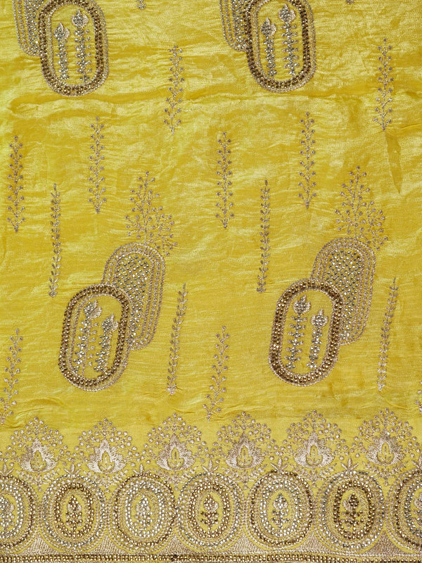 Yellow designer saree with gold zari and stone paisley motifs and embellished border
