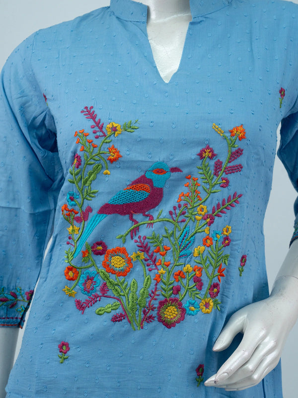 Sky Blue cotton straight cut kurti set with multicolour bird embroidery, matching pants and dupatta
