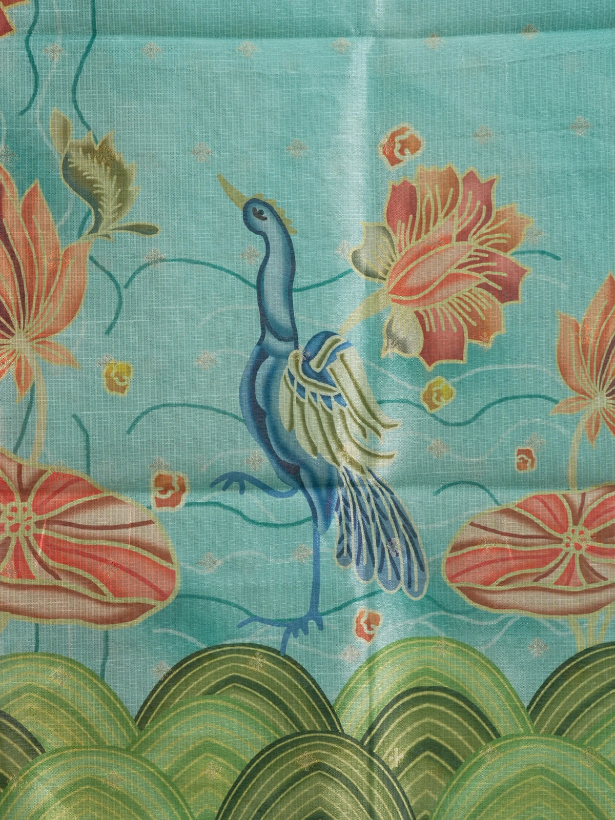 Turquoise semi tussar saree with green scalloped border and Kalamkari-style lotus and crane printed pallu