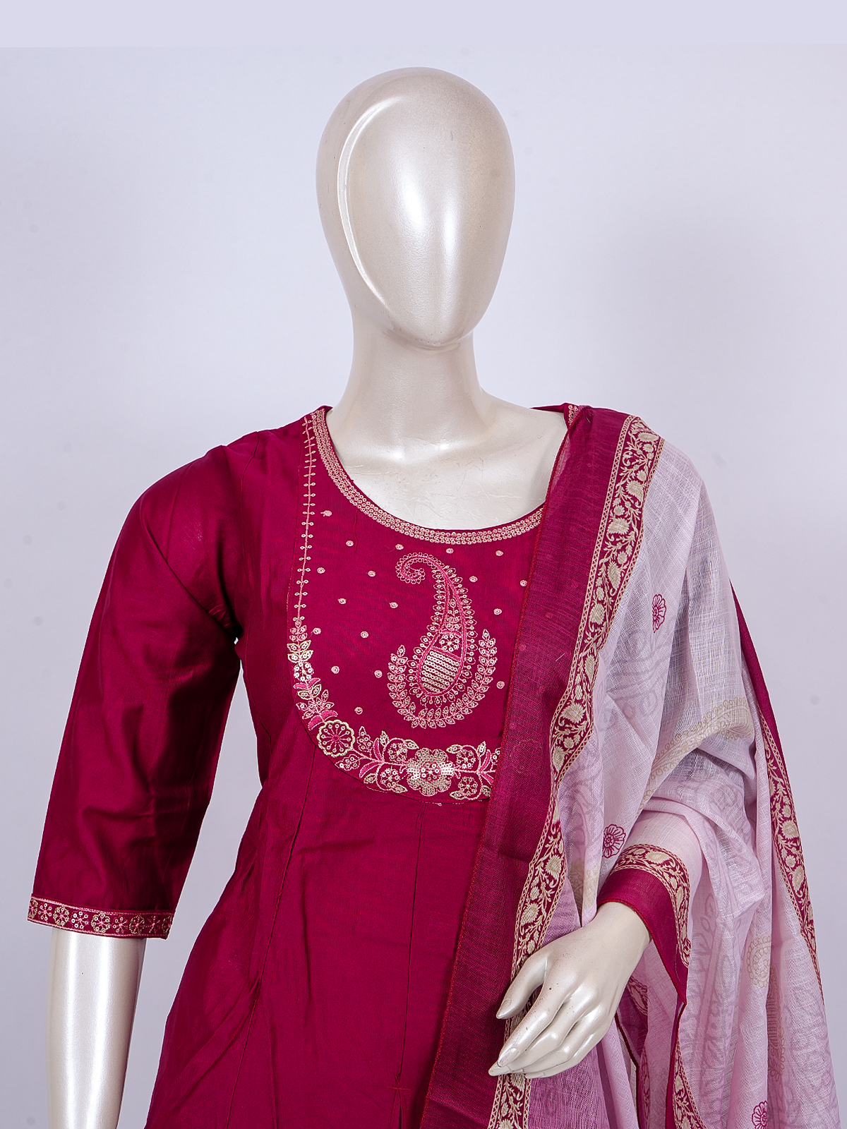 Rani pink zari embroidered ready made kurti set with straight palazzo pants and ombre pink zari border dupatta