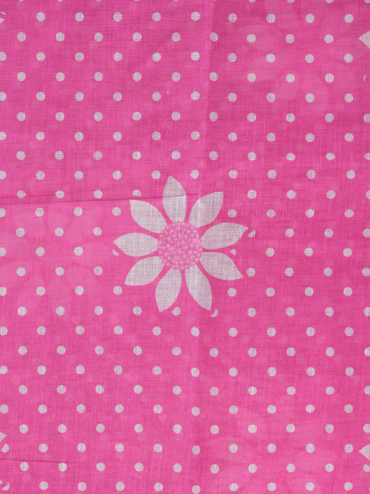 Pink linen cotton saree with white polka dots, floral motifs and a gold zari border