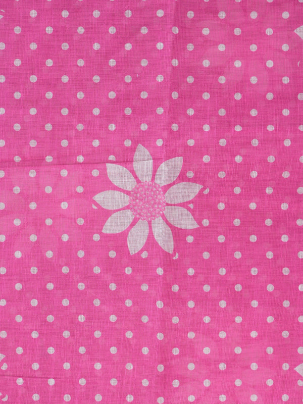 Pink linen cotton saree with white polka dots, floral motifs and a gold zari border