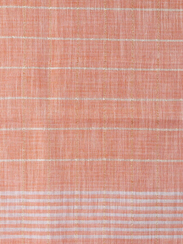 Peach linen cotton saree with white and gold zari checks and contrast striped border