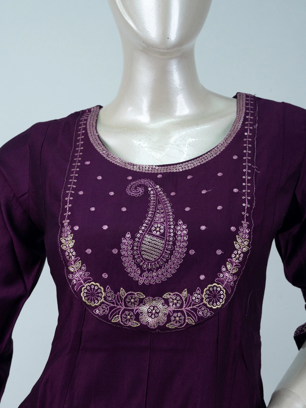 Purple sequin embroidered paisley Anarkali kurti set with ombre pink zari dupatta
