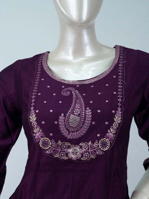 Purple sequin embroidered paisley Anarkali kurti set with ombre pink zari dupatta