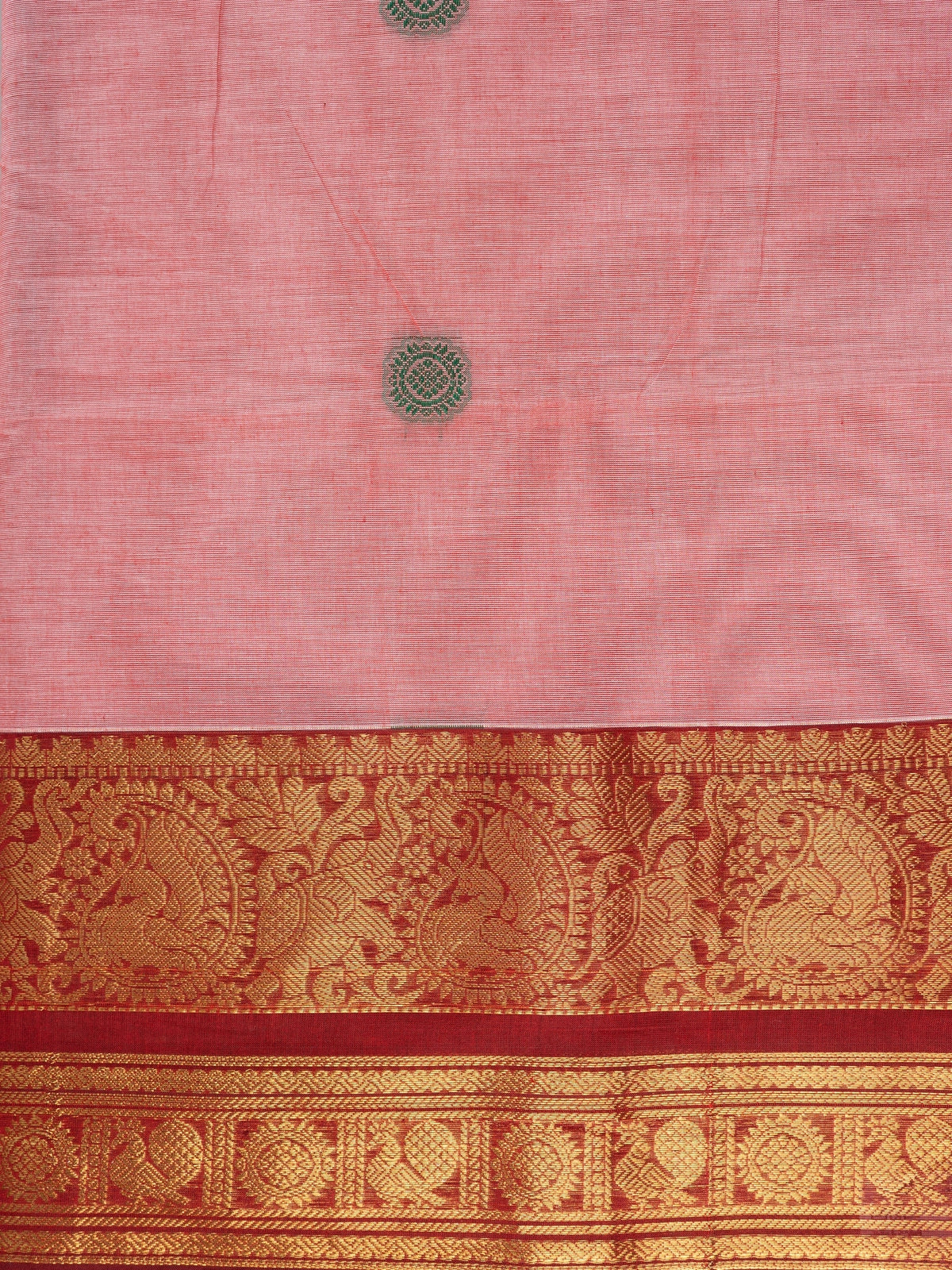 Pink Chettinad cotton saree with maroon gold zari border and woven buttas