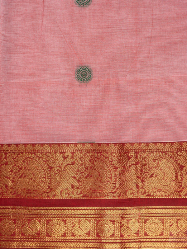 Pink Chettinad cotton saree with maroon gold zari border and woven buttas