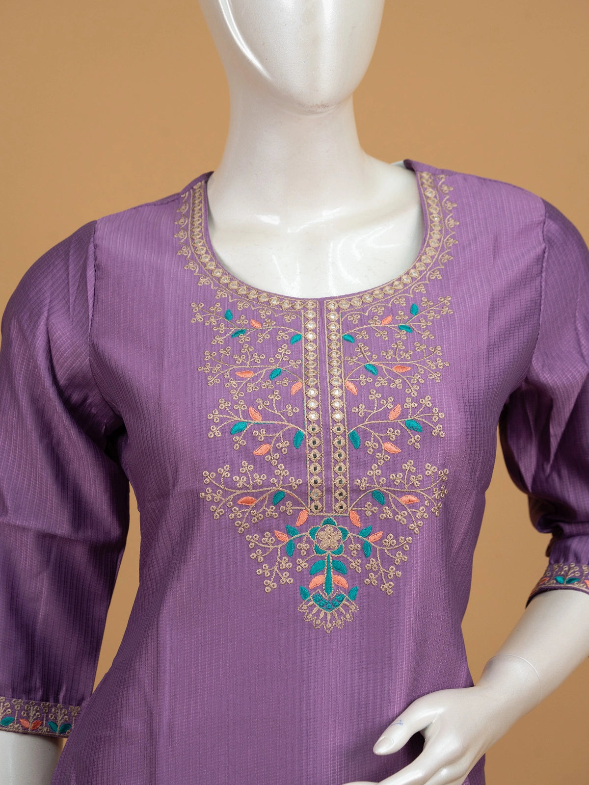 Lavender embroidered textured straight cut kurti top with zari and mirror work neckline
