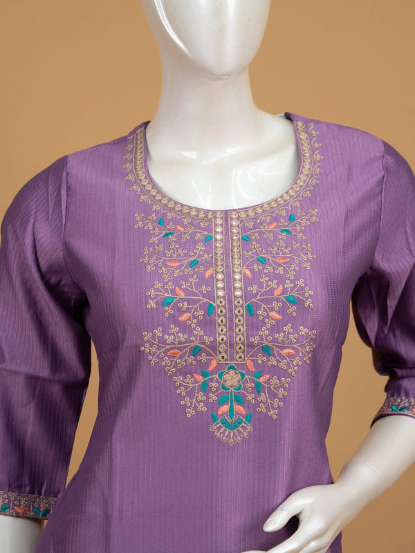 Lavender embroidered textured straight cut kurti top with zari and mirror work neckline