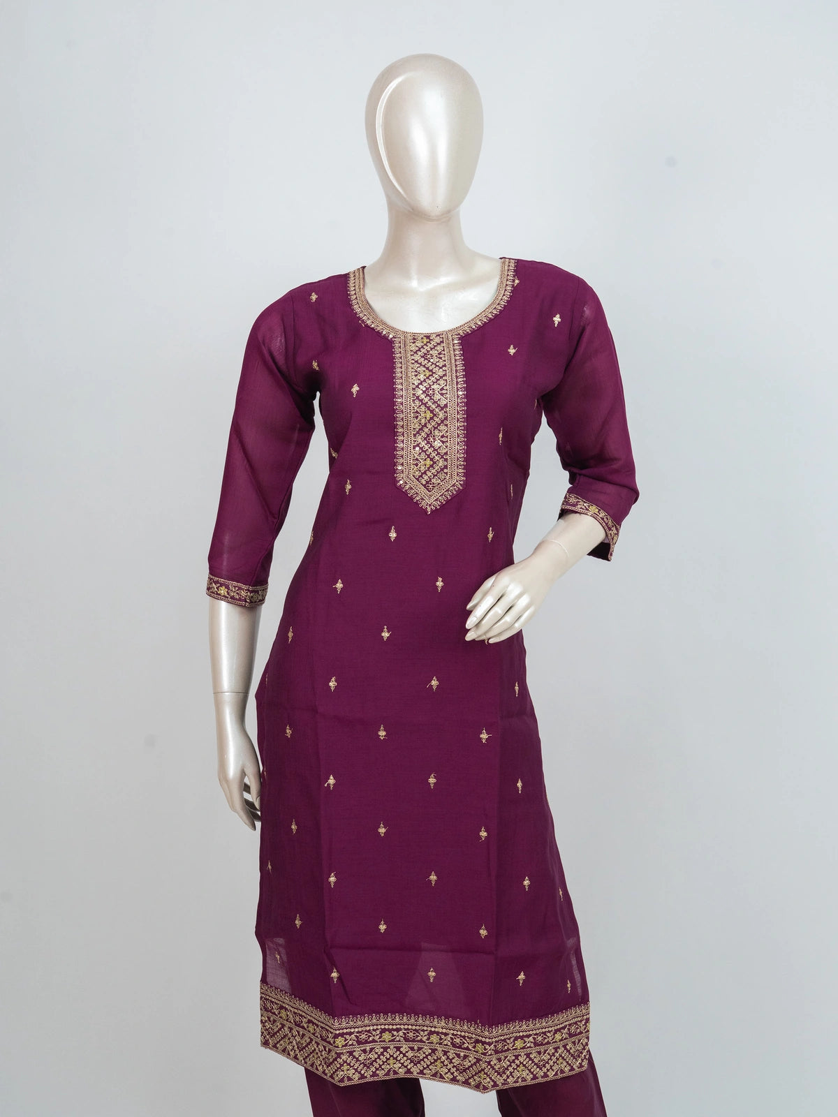 Wine purple zari embroidered straight cut kurti set with cream floral printed dupatta
