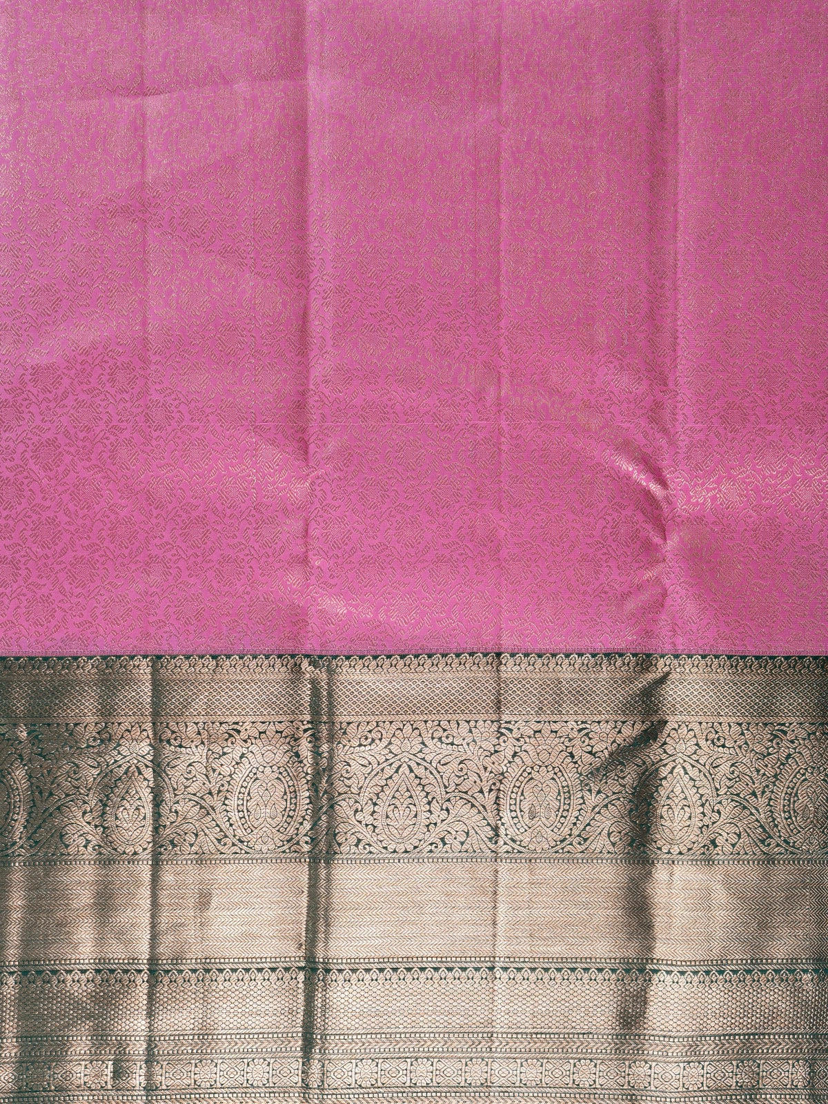 Pink pure Kanchipuram silk saree with contrast green gold zari border and pallu