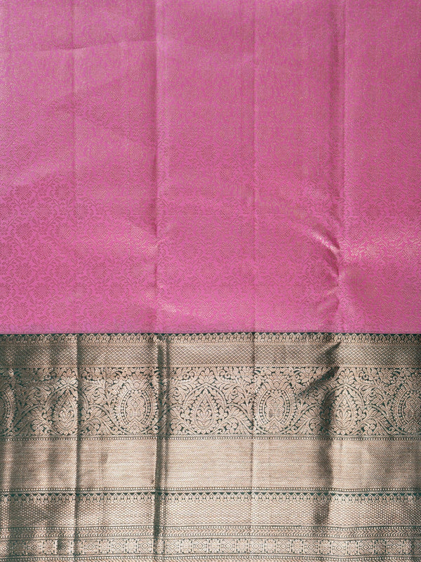 Pink pure Kanchipuram silk saree with contrast green gold zari border and pallu
