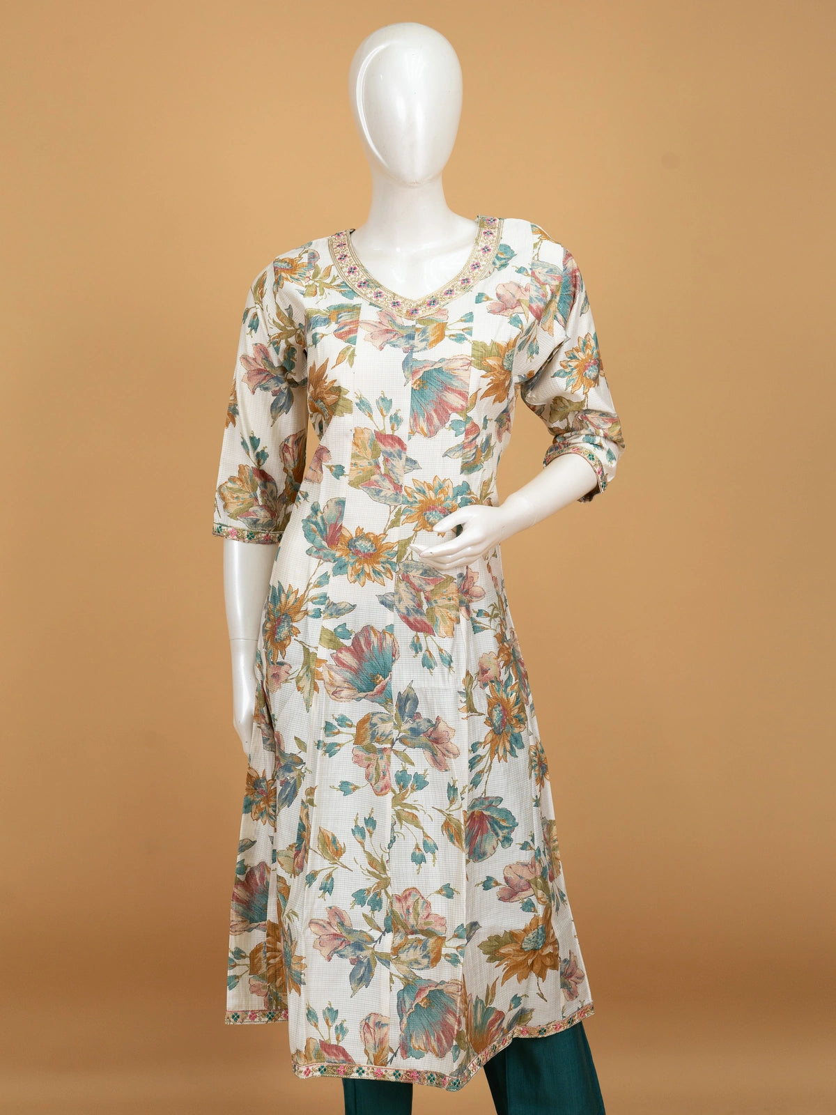 Off-White floral print A-line kurti set with embroidered neckline and teal dupatta
