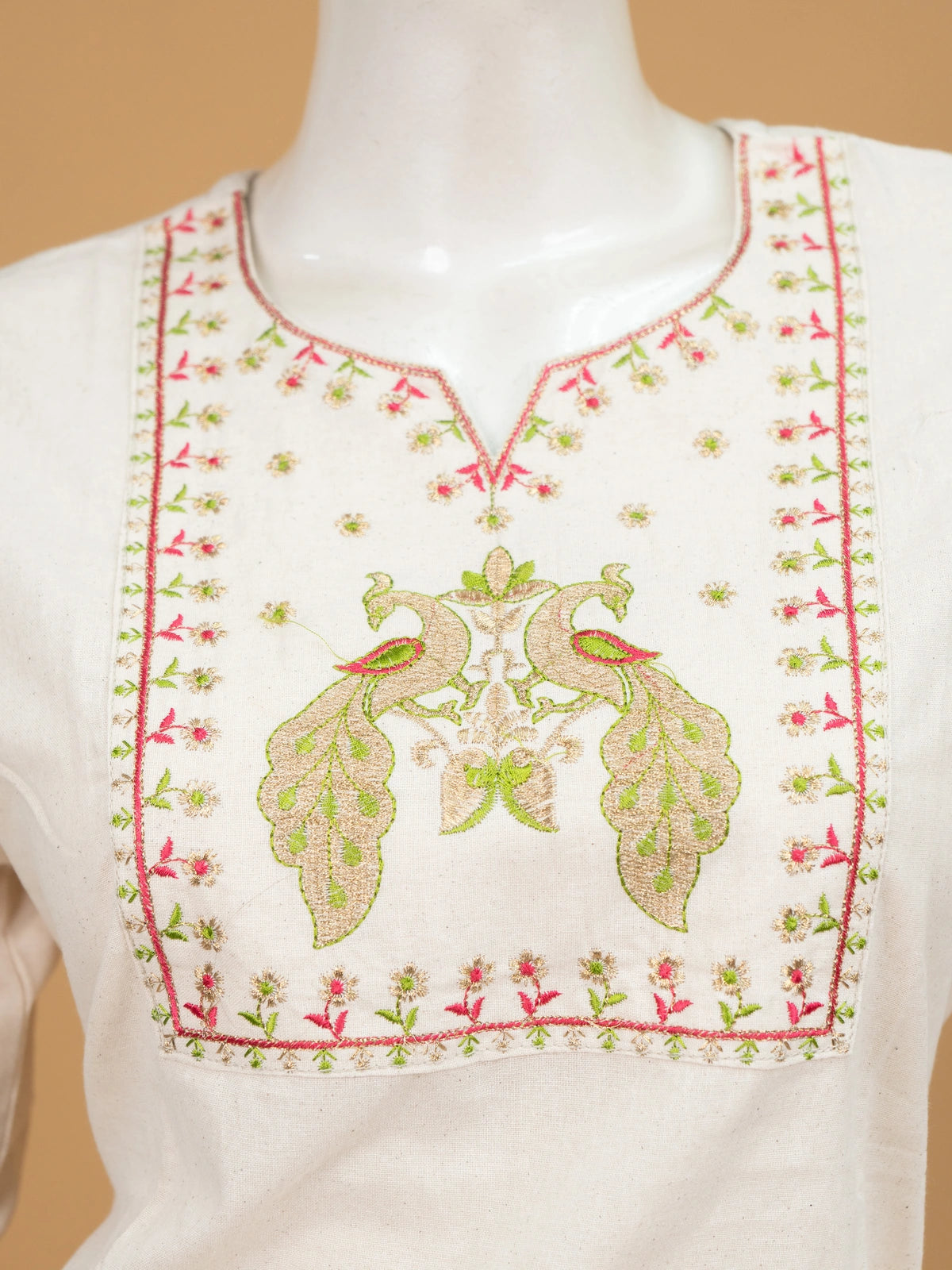 Off-White cotton straight cut kurti top with peacock embroidered yoke and 3/4th sleeves