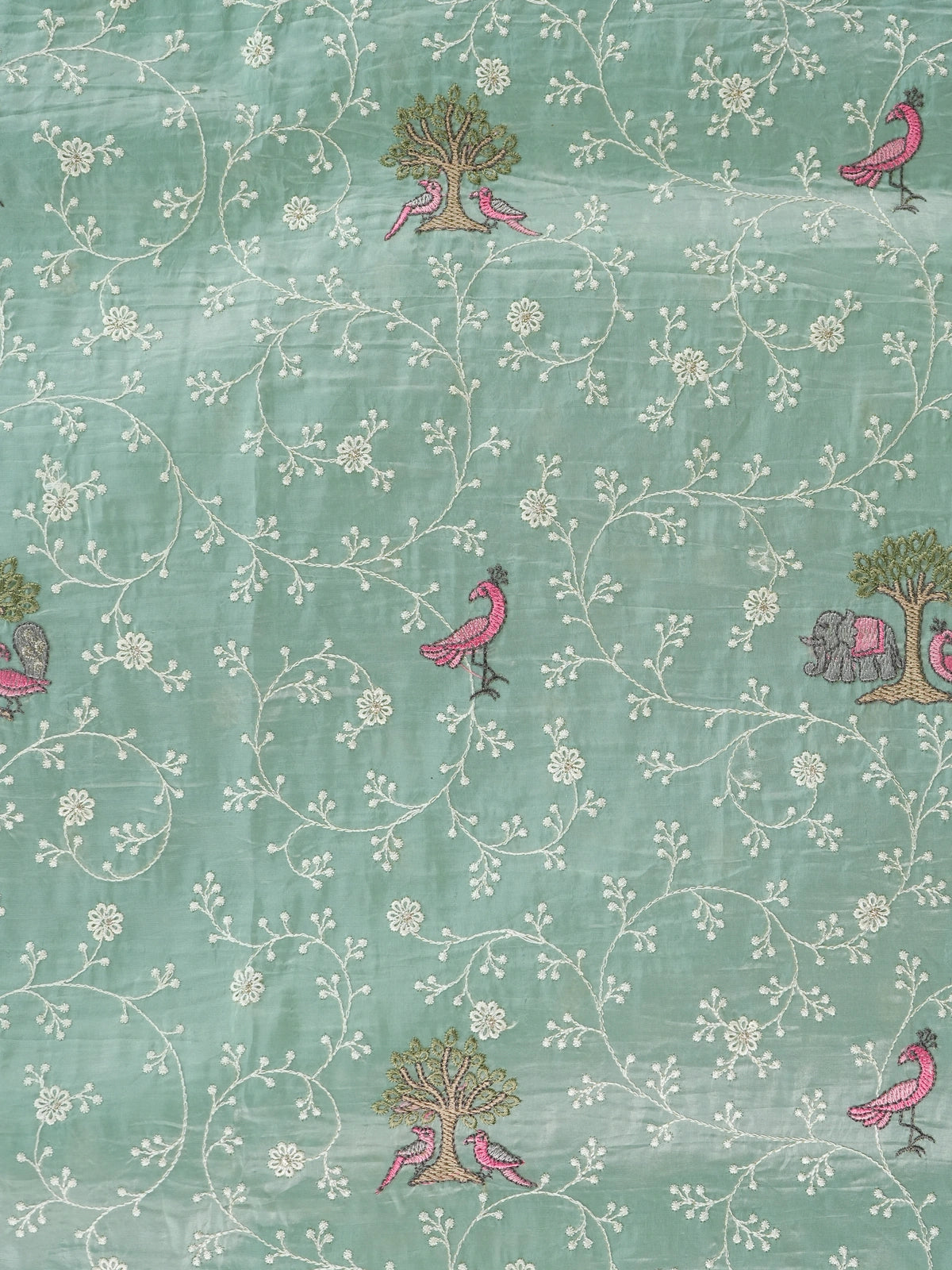 Sage green art silk designer saree with floral, bird and elephant thread embroidery and contrast aqua border
