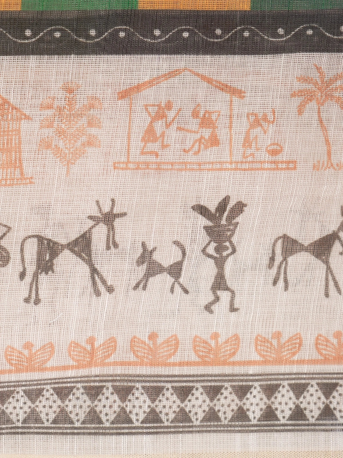 Multicolour checked linen cotton saree with cream Warli tribal-print border and contrast yellow blouse
