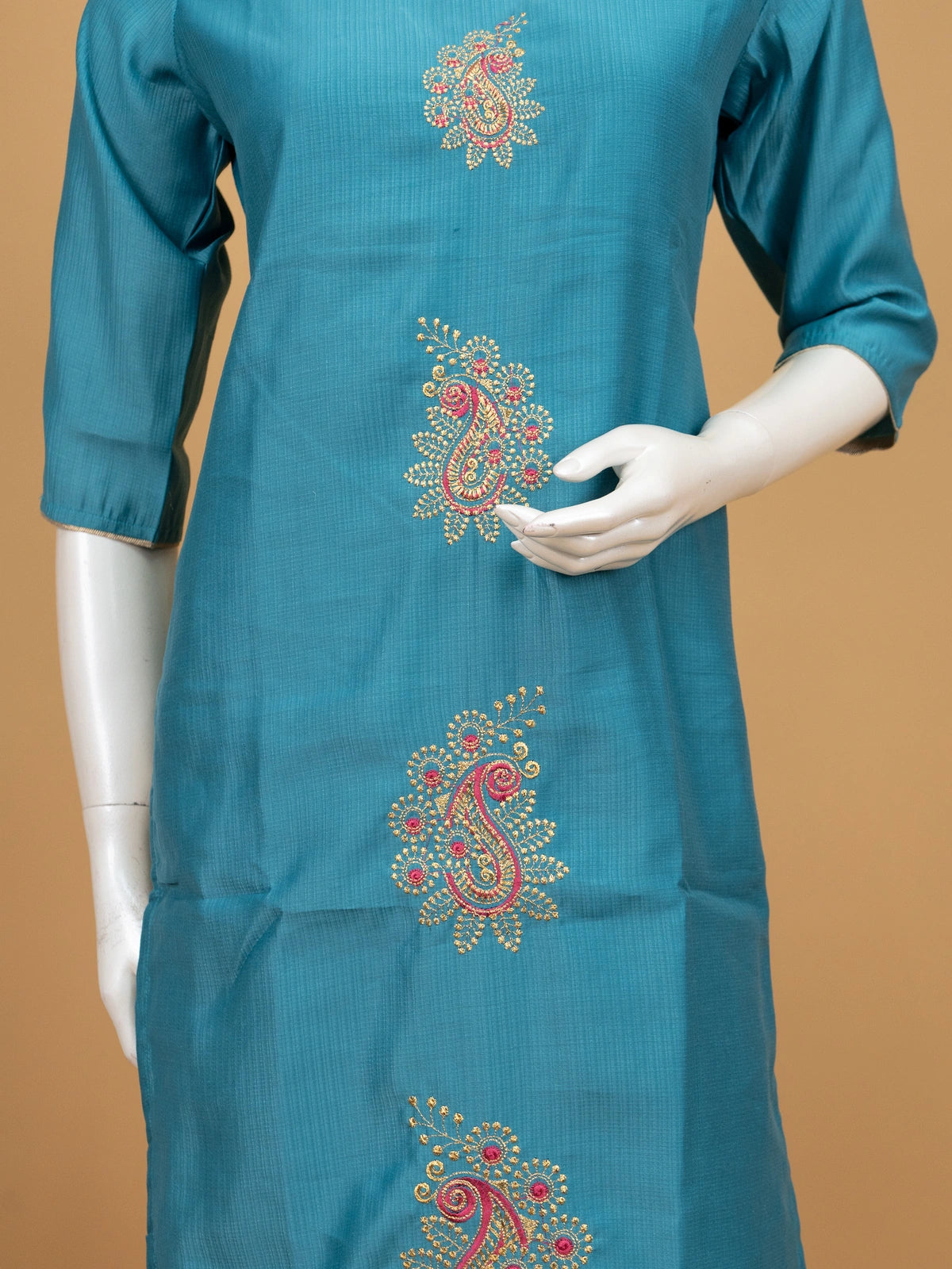 Teal Blue Paisley Embroidered Cotton Silk Straight Cut Kurti Top