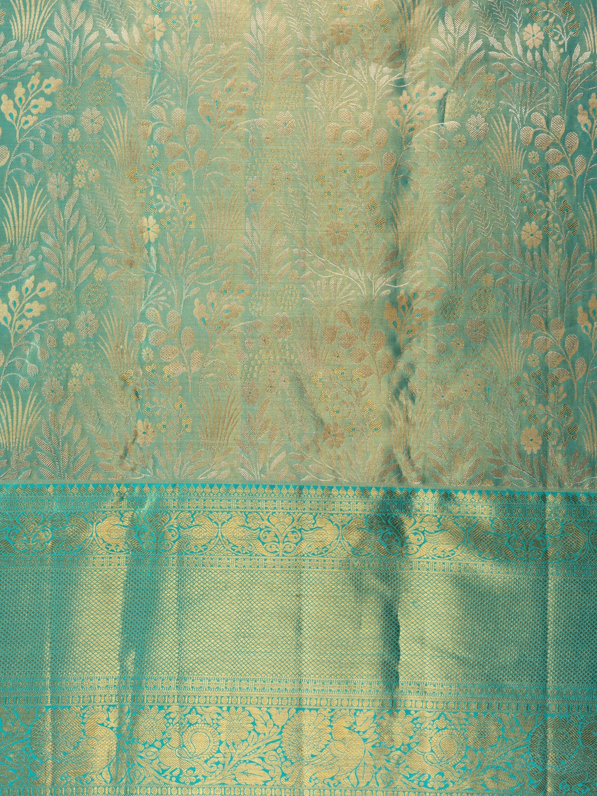 Teal green and gold pure Kanchipuram silk saree with zari floral weave and contrast border