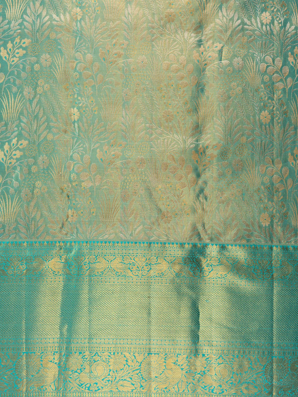 Teal green and gold pure Kanchipuram silk saree with zari floral weave and contrast border