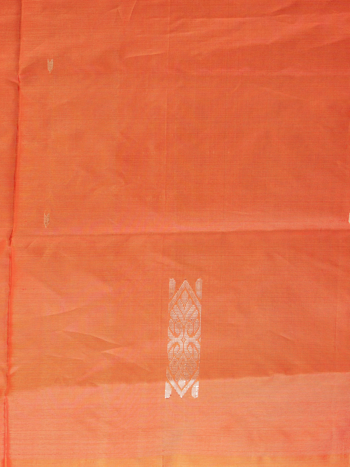 Orange banana silk saree with navy blue pallu, silver zari buttas and contrast blouse