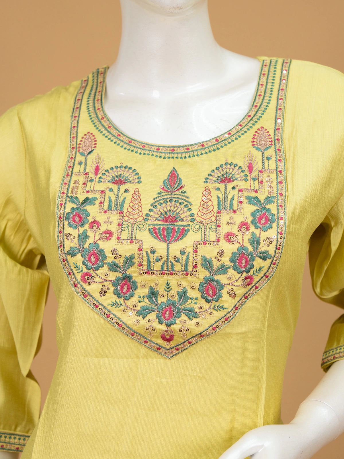 Lemon yellow cotton silk straight cut kurti top with pink and green embroidered floral yoke