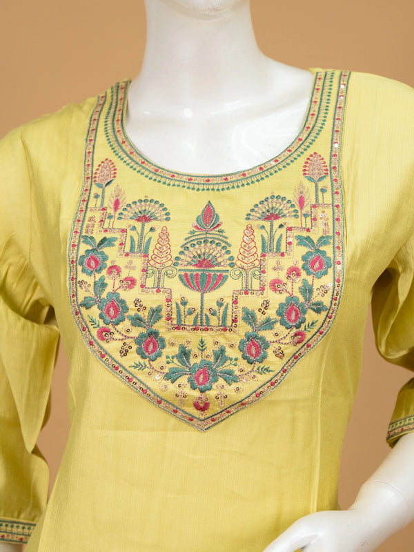 Lemon yellow cotton silk straight cut kurti top with pink and green embroidered floral yoke