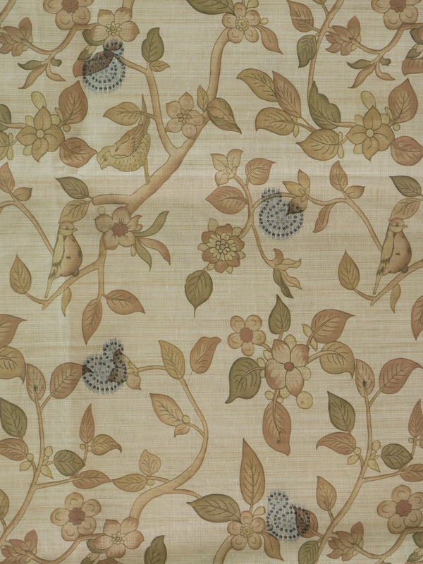 Beige linen cotton saree with kalamkari floral-bird print, grey-green contrast border and deer-motif pallu