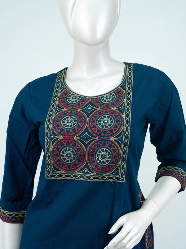 Navy blue cotton straight-cut kurti set with mirror-embroidered yoke and rust Ajrakh-print dupatta