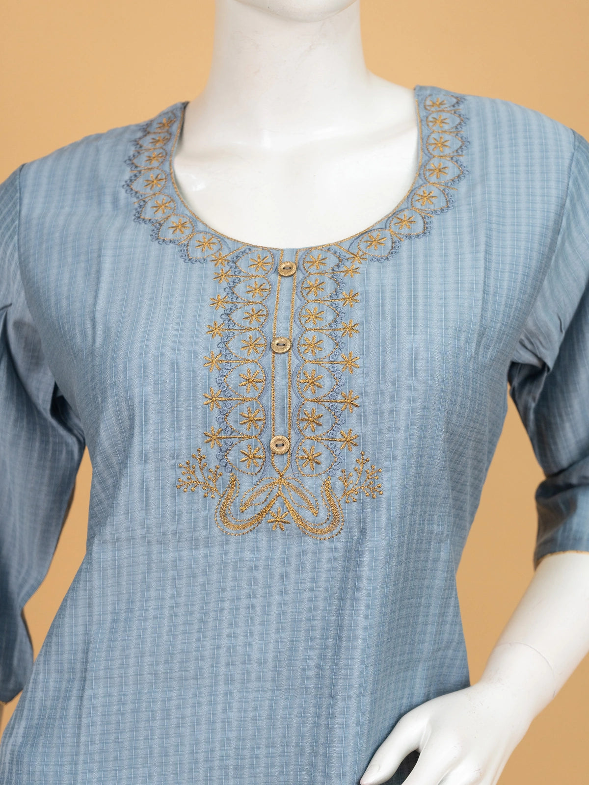 Grey Blue Cotton Zari Embroidered Anarkali Kurti Top with gold floral embroidery