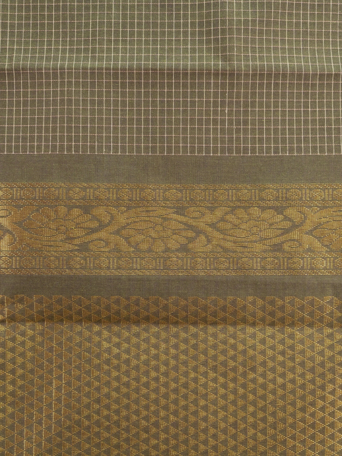 Olive green Chettinad cotton saree with checked body and gold zari border