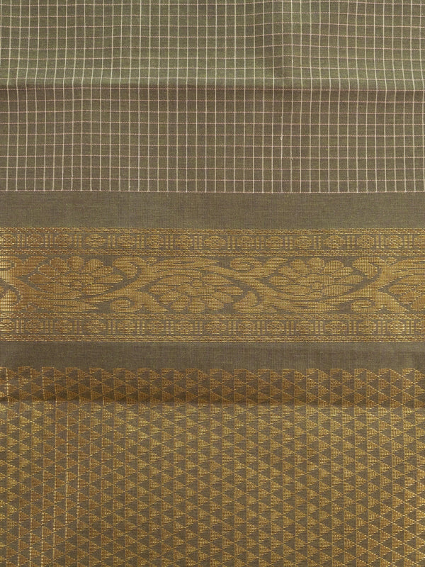 Olive green Chettinad cotton saree with checked body and gold zari border