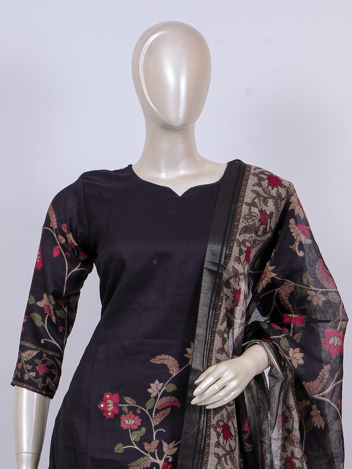 Black floral cotton kurti set with straight pants and Kalamkari print dupatta