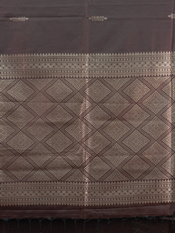 Dark brown Kanchipuram Fancy Silk saree with dusty rose contrast zari border and diamond-lattice zari pallu