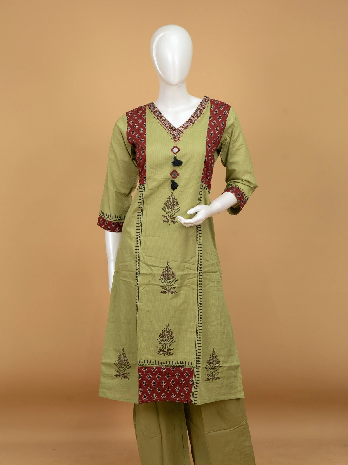 Olive green cotton Ajrakh print straight cut kurti set with mirror work and maroon dupatta