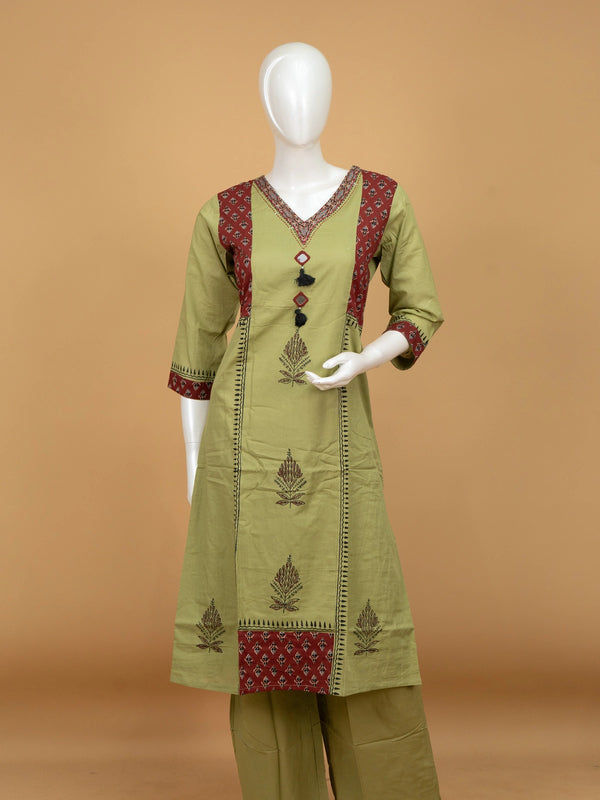 Olive green cotton Ajrakh print straight cut kurti set with mirror work and maroon dupatta
