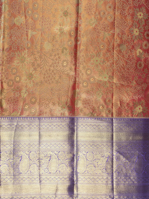 Peach orange pure Kanchipuram silk saree with floral gold zari body and contrast purple border