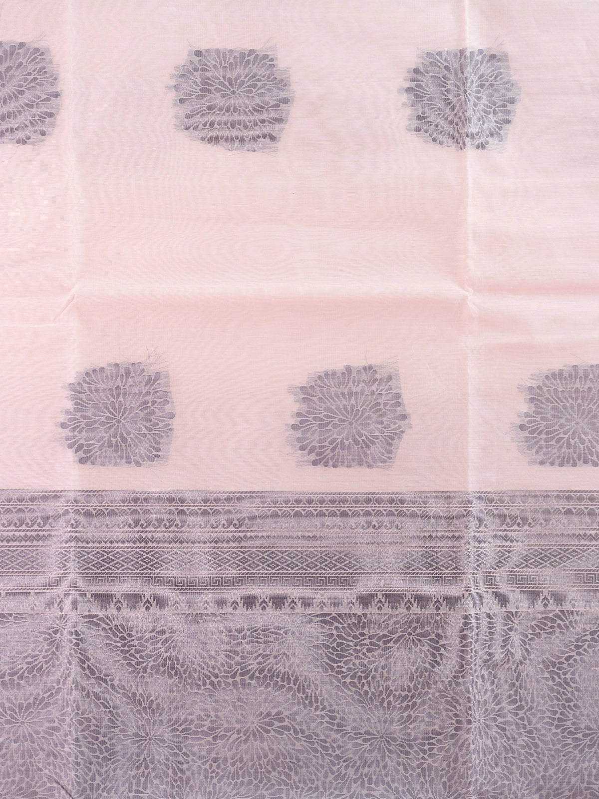 Light pink silk cotton saree with grey floral butta motifs and contrast grey woven pallu and border