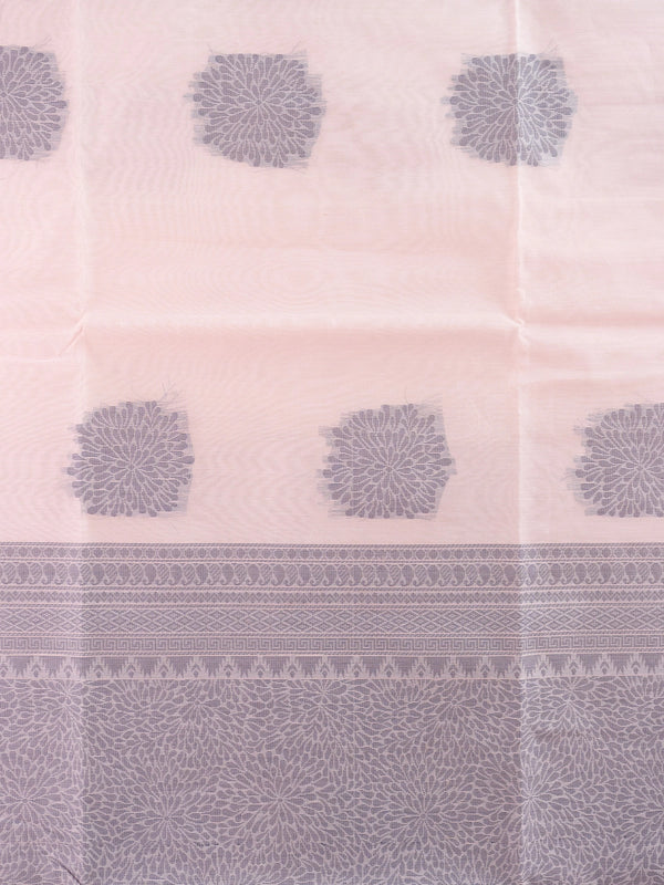 Light pink silk cotton saree with grey floral butta motifs and contrast grey woven pallu and border