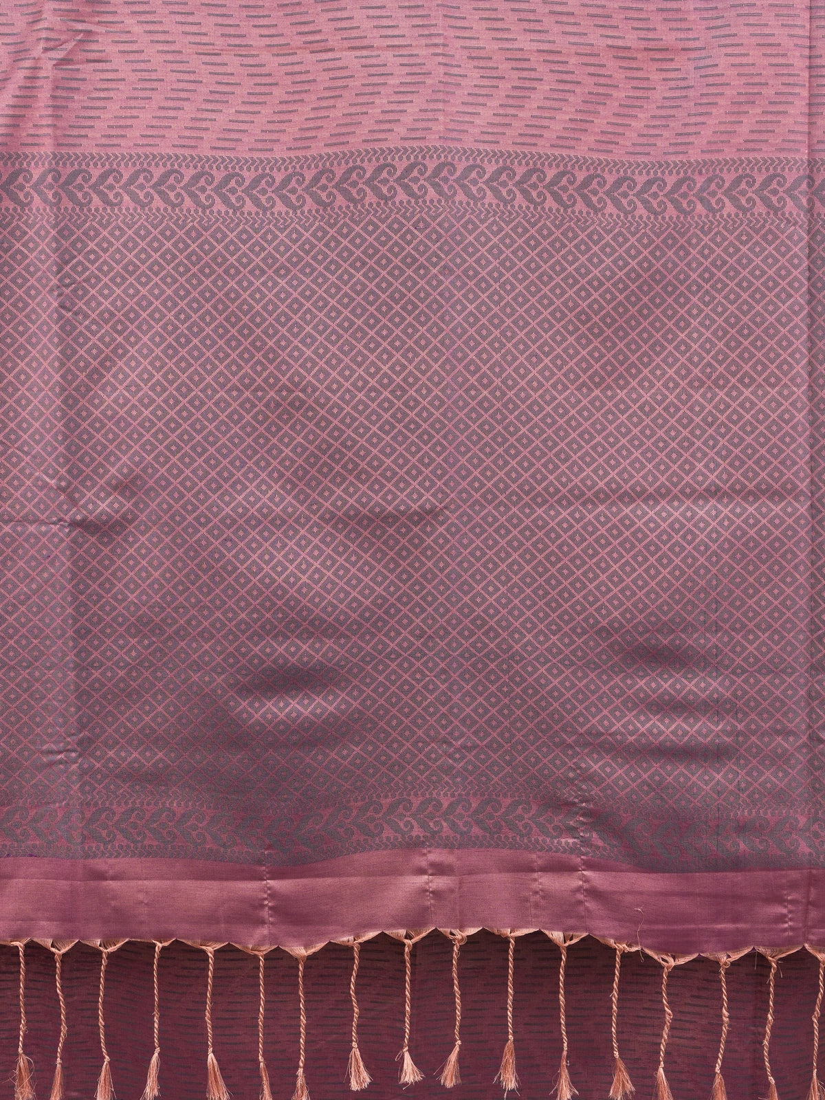 Dusty mauve pink semi silk saree with dark paisley buttas and contrast maroon lattice border