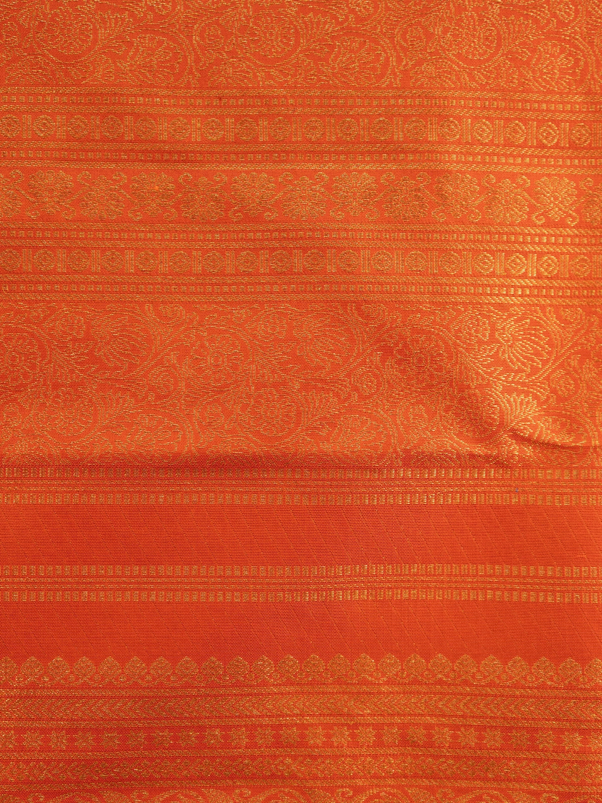 Orange pure Kanchipuram silk saree with allover gold zari brocade and wide gold zari border
