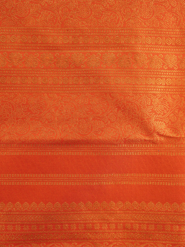 Orange pure Kanchipuram silk saree with allover gold zari brocade and wide gold zari border
