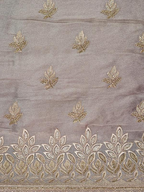 Mauve-grey shimmer designer saree with gold zari and sequin leaf embroidery and scalloped border