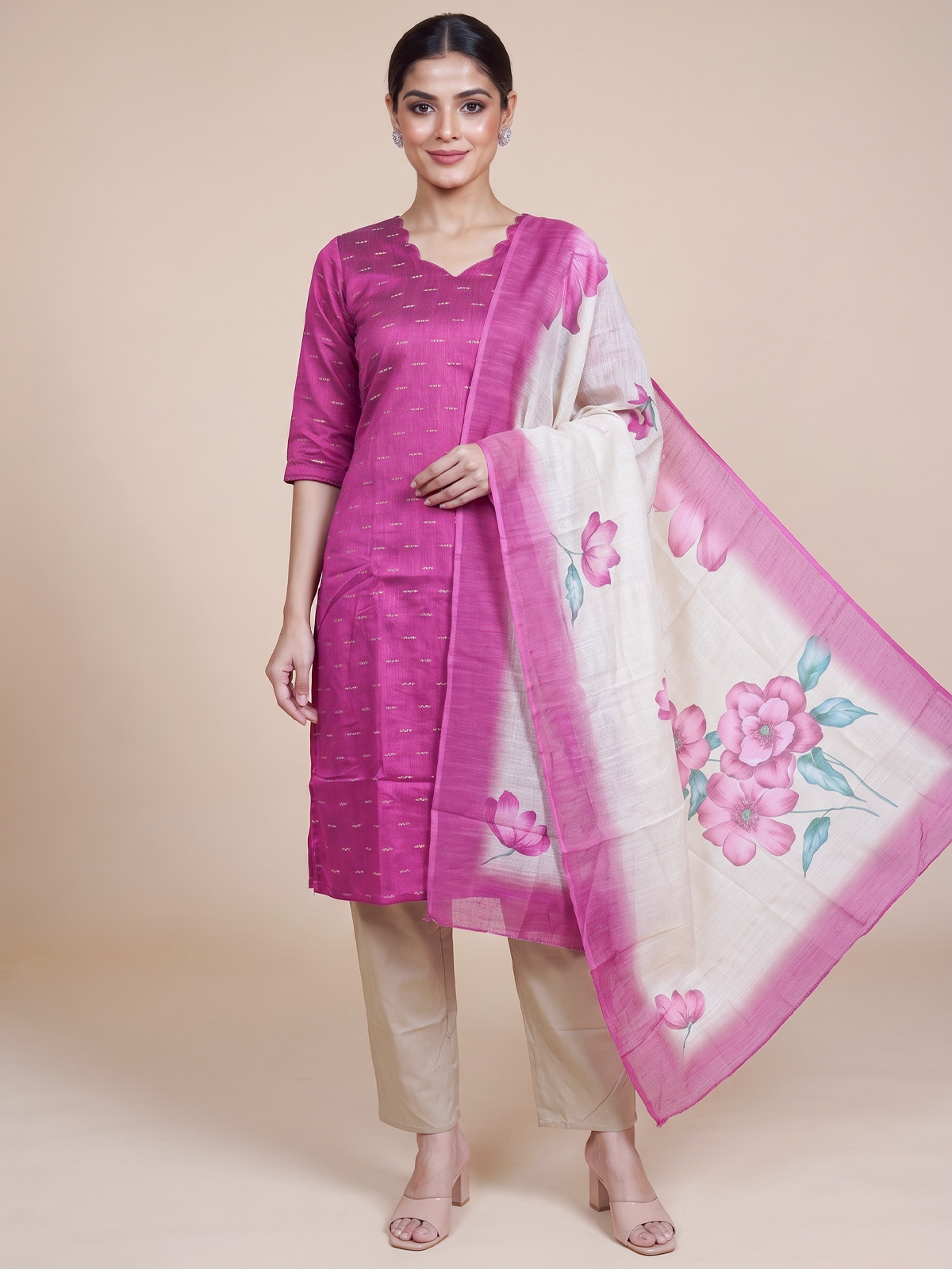 Magenta Pink cotton silk kurti set with woven zari butis and floral printed cream dupatta