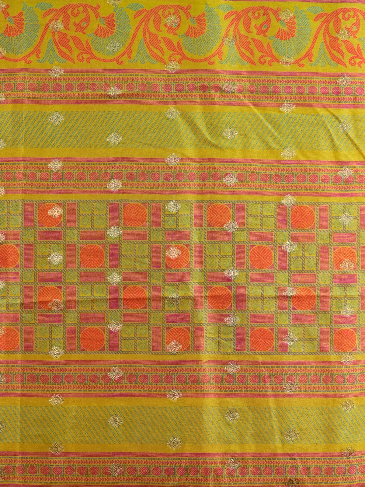Green Dola silk saree with golden checks, contrast pink zari border and ornate orange-yellow pallu