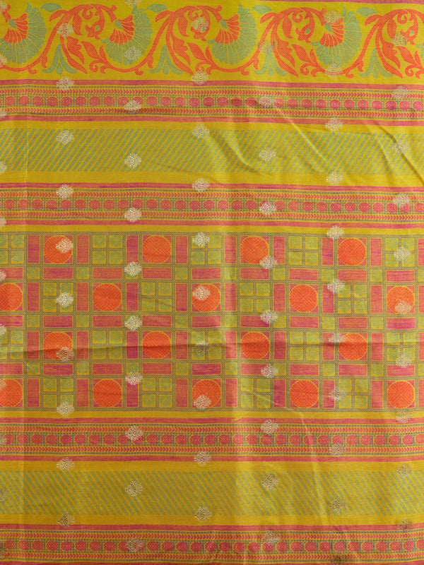 Green Dola silk saree with golden checks, contrast pink zari border and ornate orange-yellow pallu