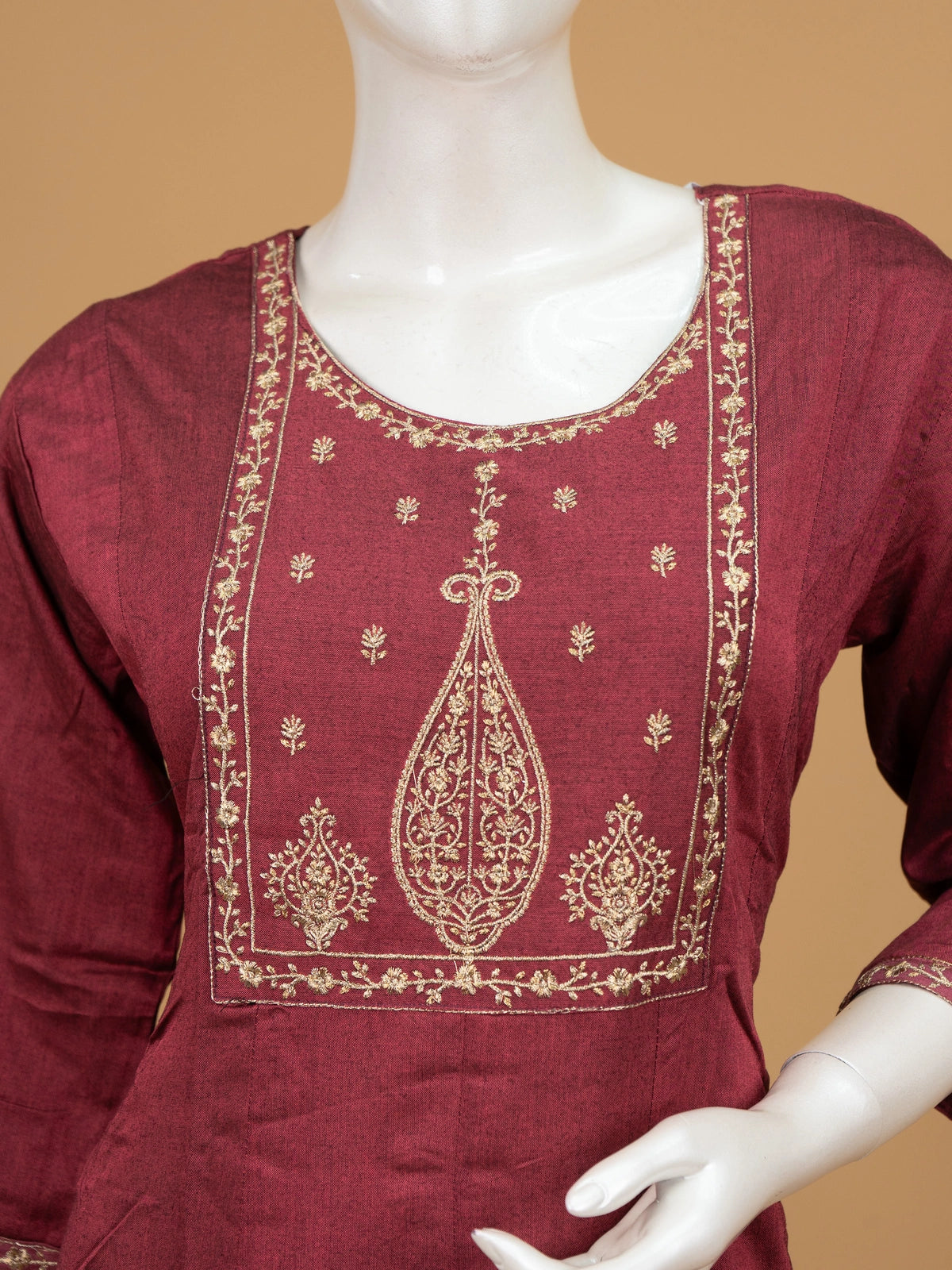 Maroon zari embroidered cotton Anarkali kurti top with gold paisley yoke