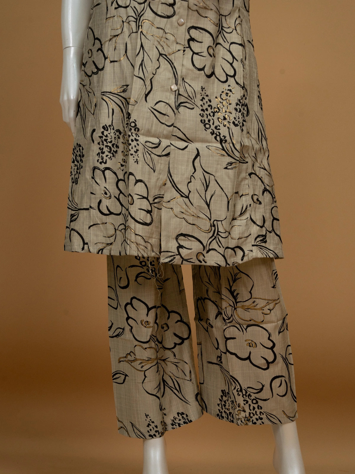 Beige floral printed cotton sleeveless shirt-style kurti with matching palazzo co-ord set