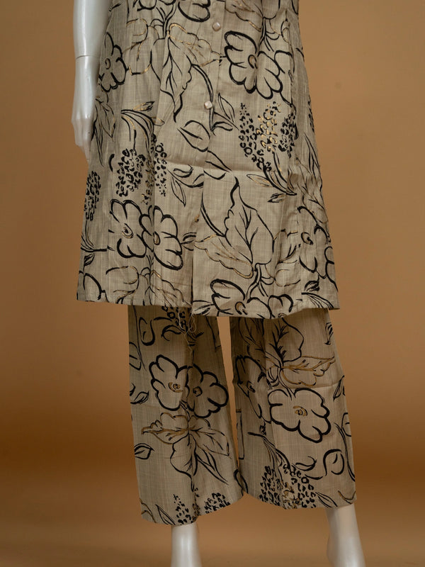 Beige floral printed cotton sleeveless shirt-style kurti with matching palazzo co-ord set